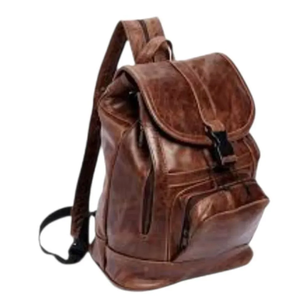Vintage Boho Waxed Brown Leather Backpack Convertible Strap Rucksack Knapsack